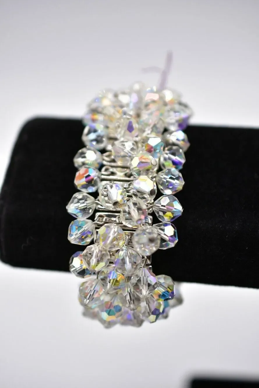 Vintage Crystal Cluster Bangle Bracelet Aurora Borealis Deco Japan Signed Bin2